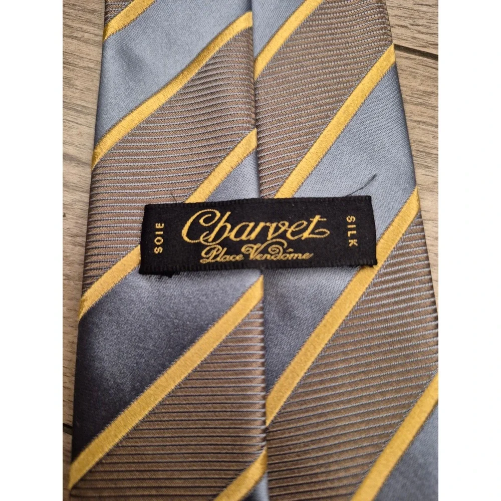 Charvet Mens Striped Silk Necktie Grey Bronze Gold Diagonal Pattern Business Tie